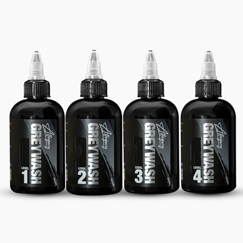 Allegory Greywash Tattoo Ink Set 4oz ? Premium Professional-Grade Signature Greywash Shades for Smooth, Vegen Friendly, Crafted in The USA, Consistent Tattooing (Set of 4 Bottles)