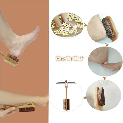 Natural Lava Pumice Stone for Feet with Brush, Callus Remover Foot Scrubber Exfoliator Pedicure Tools for Hard Dead Skin, Softer & Smoother Feet, Double Sided Boar Bristles Wooden Handle