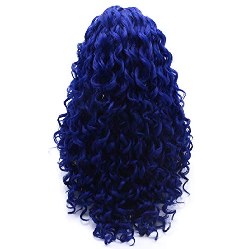 Lushy Long Curly Navy Blue Wig Full Density Half Hand Tied Heat Friendly Synthetic Lace Front Wigs