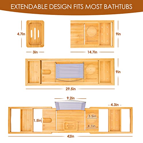 Foldable Bathtub Caddy Tray, Bamboo Bath Tub Tray Table for Tub with Wine Glass Holder Book Phone Tablet Holder with Extending Sides, Adjustable Bathroom Bathtub Free Soap Holder Gift Idea (Beige)
