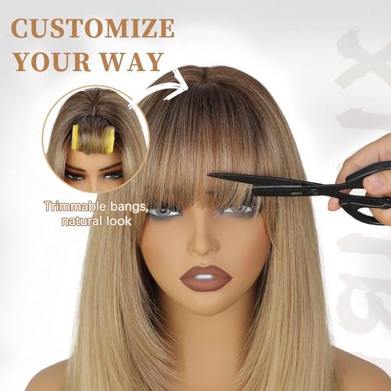 Blonde Wig with Bangs, 4x4 Realistic Scalp, Free Parting, Long Ombre Blonde Layered Wigs for Women, Realistic Natural Looking Heat Resistant Synthetic Wigs for Daily Party Cosplay Use 26Inch