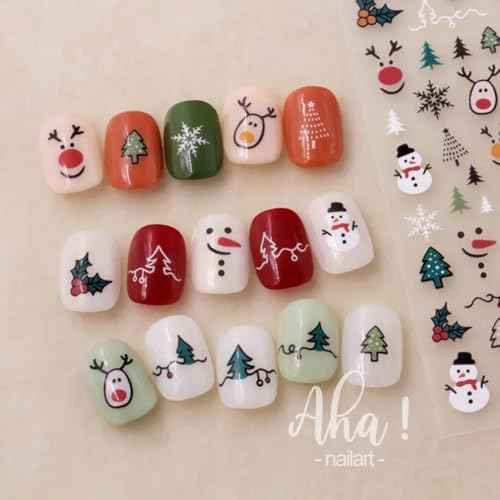 Christmas Nail Stickers Winter Snowman Snowflake Nail Art Stickers 8PCS Elk Santa Claus Christmas Nail Art Designs Supplies 3D Nail Adhesive Decals Xmas Transfer Sliders for Manicure Nail Decorations