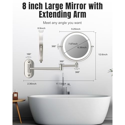 Wall Mounted Makeup Mirror with Light, 20X/1X 8'' Double Sided LED Magnifying Bathroom Lighted Vanity Mirror with Magnification, 3 Color Light up Touch Dimmable Extended Arm 360 Rotation