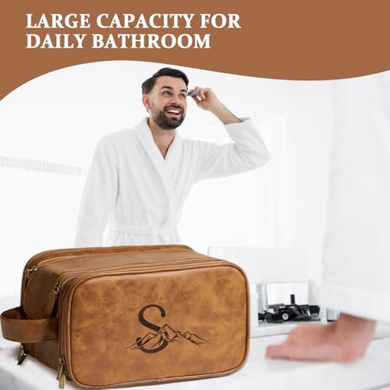 Janhavi Shaving Bag for Men Travel Waterproof, Engraved Initials & Mountain, Makeup Organizer, Groomsmen Gifts, Mens Toiletry Travel Bag, Men's Accessories Organizer, Gifts for Him(Brown L)