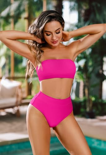 Pink Queen Women's Bandeau High Wiast Set Removable Strap Swim Bright Pink M
