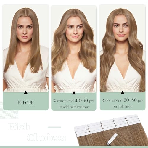 Rich Choices Tape in Hair Extensions Human Hair, 40pcs 100g 100% Remy Tape Hair Extensions Real Human Hair,Seamless Balayage Skin Weft Tape in Hair Extension 20 Inch #06 Light Brown