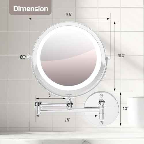 OVENTE Wall Mounted Lighted Makeup Mirror, 9" Double Sided 1X/10X Magnifying Vanity Mirror for Bathroom with LED Lights, Cordless, 360¡Æ Rotation and 13" Extendable Arm, Polished Chrome MFW85CH1X10X