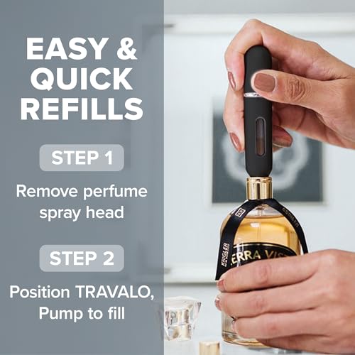 Travalo Classic HD Perfume Atomizer - Leak-Proof and TSA Approved for Air Travel - Reusable, Airtight, Easy-Fill Mini Pump Sprayer - Lightweight, Elegant Design w/Volume Window - Black 0.17oz
