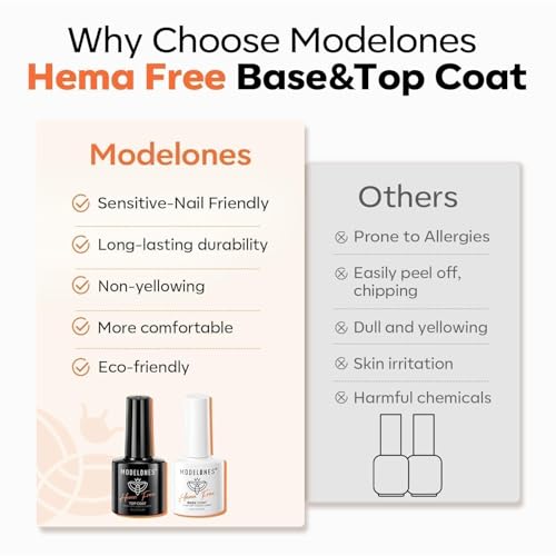 modelones No Wipe Gel Top Coat and Base Coat Set, 2 Pcs Clear Glossy Hema Free Base Top Coat Gel Nail Polish Long Lasting for Fall Nail Polish, Acrylic Nails Soak Off Nail Lamp Nail Art Home Salon