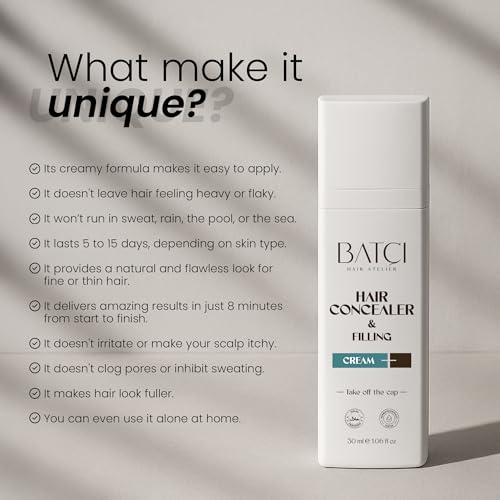 Batci Hair Concealer Cream for Thinning Hair & Bald Spots, Black Hair Root Touch-Up, Waterproof & Sweatproof Scalp Coverage, Natural Filling Cream for Men & Women, 30ml