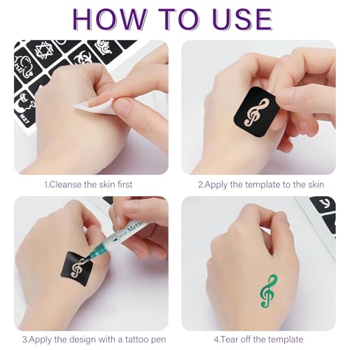 Temporary Tattoo Pens for Skin, 10 Body Markers + 56 Large Tattoo Stencils for Kids and Adults, Dual-End Tattoo Pens Make Bold and Fine Lines with Cosmetic-Grade Tattoo Ink