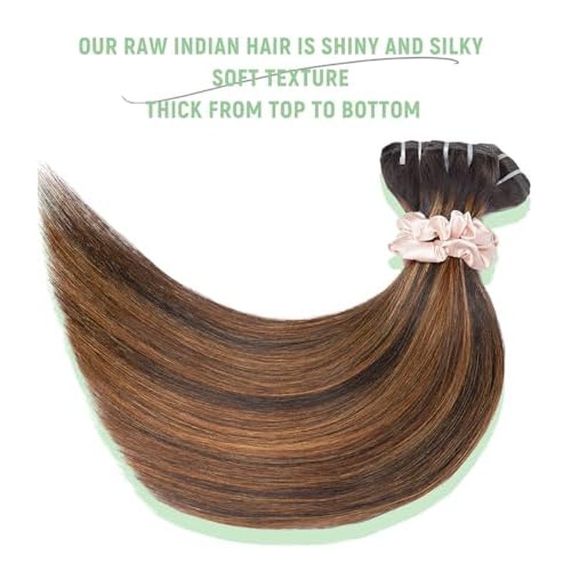 mlip Raw Bundles Human Hair Straight, No Tangle Shedding, Keep Texture Silky Soft After Multiple Washes, 15A Raw Indian Hair Bundles 20 Inches, Brown Highlight Bundles