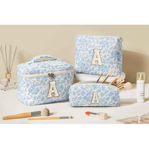 Birthday Gifts for Teen Girls Women, Personalized Initial Makeup Bag Quilted Cosmetic Bag Floral Make Up Bag Travel Toiletry Bag Teen Girl Gifts Trendy Stuff Christmas Gifts for Mom Daughter Friends