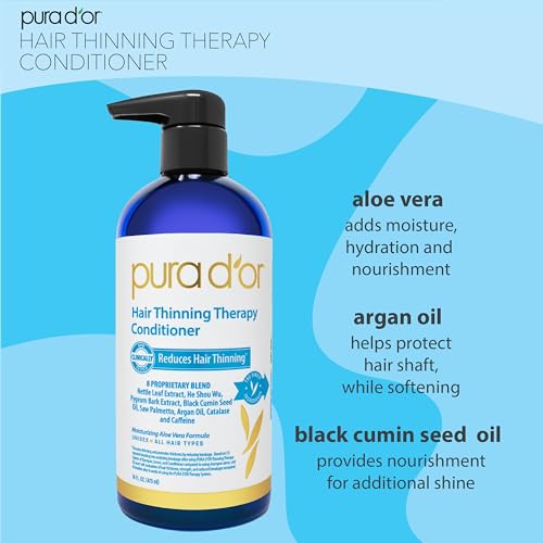 PURA D'OR Hair Thinning Therapy Biotin Shampoo and Conditioner Set, CLINICALLY TESTED Effective Results, Hair Thickening Products For Women & Men, Natural Routine, Color Safe, 16oz x2