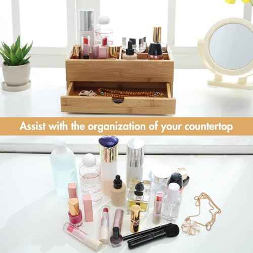 GOBAM Makeup Storage Drawer Organizer Bamboo Wood Cosmetic Display Box, Large Capacity Bathroom Beauty Countertop Organizer, Great for Bathroom Dresser