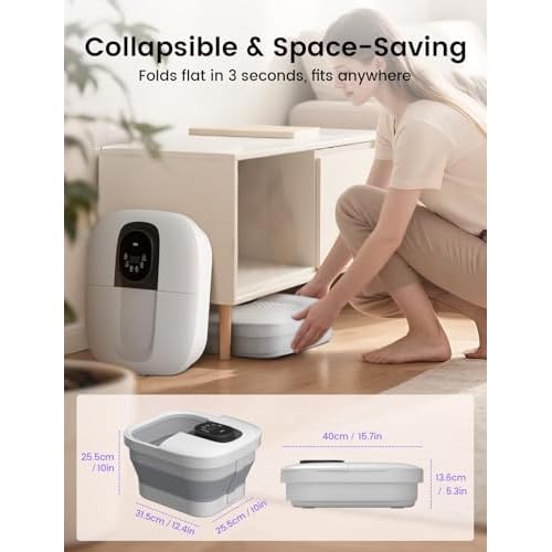 RIKE Collapsible Foot Spa with Heat, Bubbles, 24-Level Temp Control, Red Light, Timer, Foot Soaking Tub with 6 Shiatsu Rollers & Pumice Stone, Foot Bath Massager Pedicure FootSpa for Stress Relief