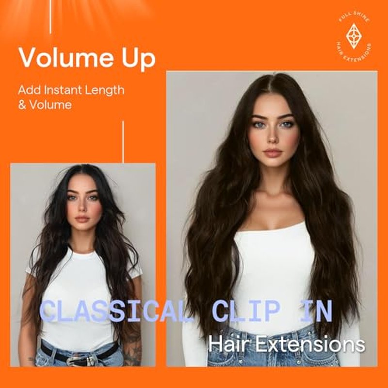 Full Shine Clip in Hair Extensions Dark Brown 24 Inch Real Hair Extensions Clip in Human Hair for Quince 7 Pcs 120 G