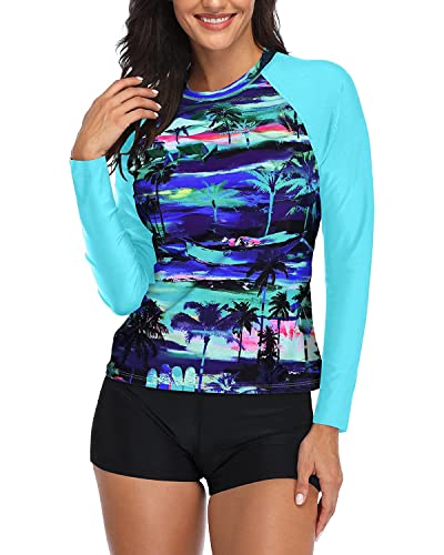Daci Women Blue Coconut Palm Two Piece Rash Guard Long Sleeve Swimsuits UV UPF 50+ Swim Shirt Bathing Suit with Boyshort Bottom S