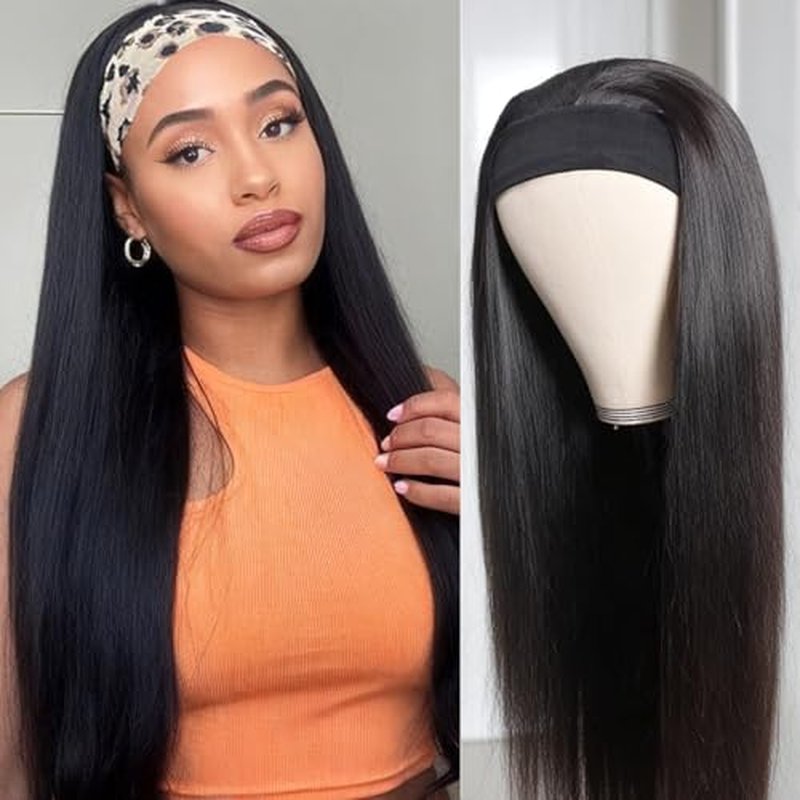 Headband Wig Straight Human Hair Wigs for Black Women Glueless None Lace Front Human Hair Brazilian Virgin Hair Machine Made Headband Wigs 150% Density Natural Color 24 Inch