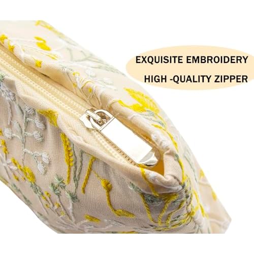 2 Pcs Makeup Bags, Large Cosmetic Bag Travel Toiletry Bag Organizer for Women, Embroidery Craft, Floral Makeup Bag Small Cosmetic Pouch Purse with Zipper Gifts for Girls Teen
