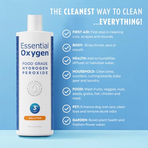 Essential Oxygen Food Grade Hydrogen Peroxide, Natural Cleaner, 3% USP, White, 16 Ounce