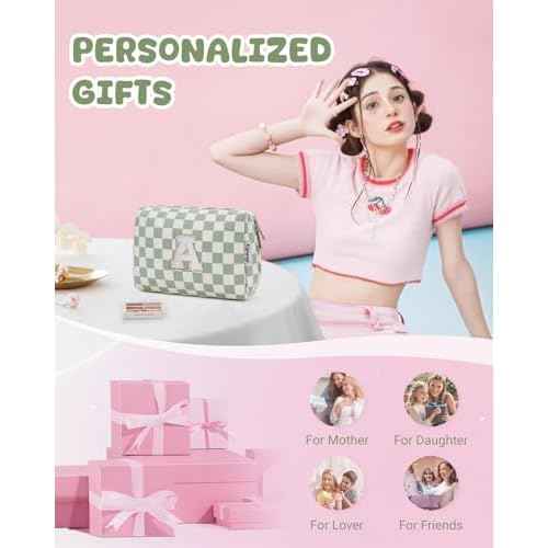 Narwey Initial Makeup Bag for Teen Girls Kids Trendy Stuff 6 8 10 11 12 13 14 16 18 Years Old, Personalized Monogram Cosmetic Toiletry Bag, Birthday Gifts for Women Tween (Green A)