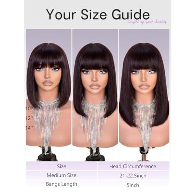 Bob Wig Human Hair 210% Density Bob Wig with Bangs 100% Human Hair Wigs for Black Women Pre-Bleached Glueless Straight Bob Wigs(12Inch)