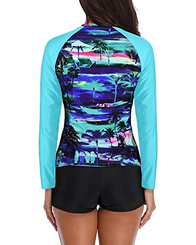 Daci Women Blue Coconut Palm Two Piece Rash Guard Long Sleeve Swimsuits UV UPF 50+ Swim Shirt Bathing Suit with Boyshort Bottom S