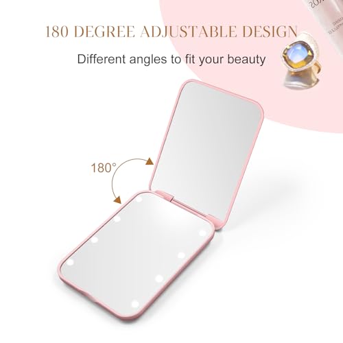 Compact Mirror, 1X/3X Magnification LED Pocket Mirror with Nternal BIattery, Mini Mirror for Purse, Pocket,Travel and Present (Pink)