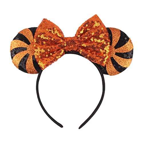 Christmas Halloween Mouse Ears Bow Headband Hair Hoop for Women Girls, Glitter Sequin Headband Cat Ear Hair Accessories (Orange Lollipop)