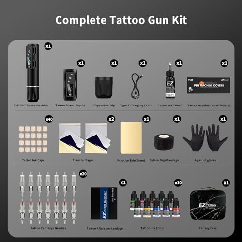 EZ Tattoo Kit - Tattoo Gun Kit with Wireless Tattoo Machine Pen, 1800mAh Power Supply Battery, 20Pcs Tattoo Cartridge Needles for Tattoo Beginners and Artists (P2S Pro Black)