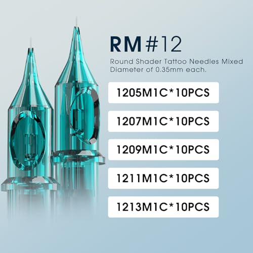 INKin Tattoo Cartridge Needles 50Pcs Assorted Mixed Size Curved/Round Magnum #12 Standard 5RM/7RM/9RM/11RM/13RM Tattoo Needles with Safety Membrane for Tattoo Gun Machine Pen