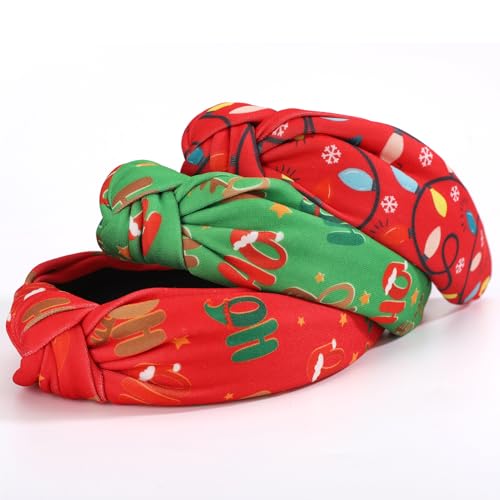 3Pcs Christmas Headbands for Women ? Red & Green HOHO & Light String Knotted Hair Hoops, Winter Holiday Accessory