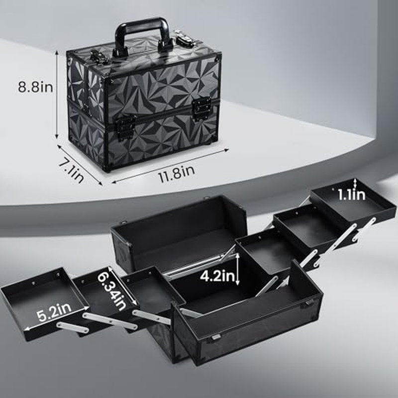 FRENESSA Makeup Train Case Makeup Case 11.8 Inch Large Cosmetic Box Organizer Travel Storage Professional Make Up Train Carrying Case with 6 Trays Locking Hard Vanity Storage Dark Black