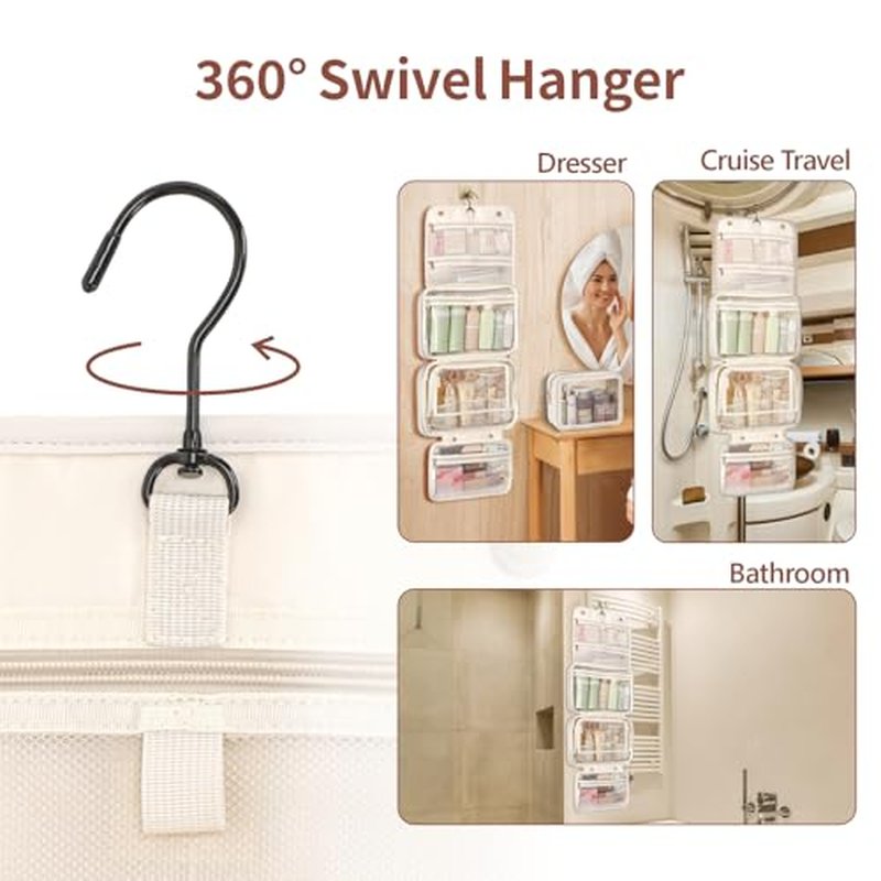 PACKISM Hanging Travel Bag for Traveling with Clear Makeup Bag - Soft Leather Waterproof Travel Toiletry Bag for Full-Sized Toiletries and TSA Approved Toiletry Bag, Off White (L)