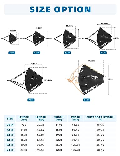 BLUEWING 32in Sea Anchor Drift Sock 840D Nylon Parachute Fishing Drogue for Marine Boat/Jet Ski/Sail, Black