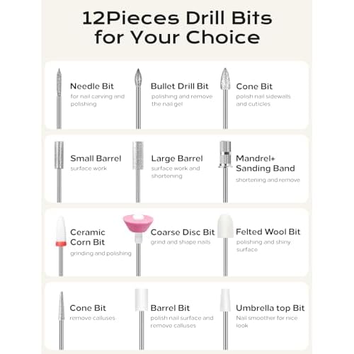 Electric Nail Drill Professional Kit: 45,000 RPM USB Rechargeable Efile Nail Drill Nail File with 12 Bits for Polishing Gel/Acrylic Nails- Portable Manicure Tool Set for Salon/Home-Black