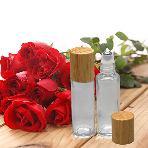 12Pcs 10ml Glass Roll On Bottle with Bamboo Lid for Essential Oils, Creatiee Eco-friendly Refillable Clear Perfume Sample Bottles with Stainless Steel Roller Ball - Portable & Practical¡¦