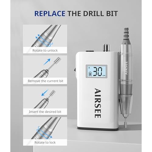 AIRSEE Rechargeable 30000RPM Electric Nail Drill Professional Portable E File Machine for Acrylic Nail Natural Extension Gel Nails Polish Cuticle, Cordless High Speed for Salon Home Use E8 White