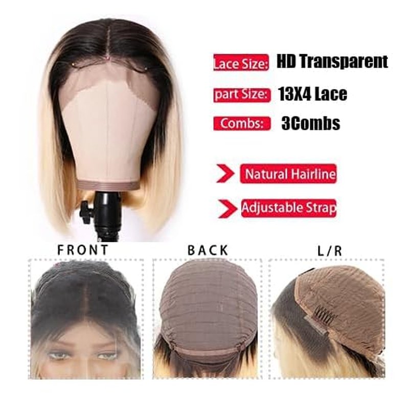 Ombre 613 Blonde Bob Lace Front Wigs Black to Blonde Dark Roots Colored Human Hair Wigs Glueless 13X4 HD Straight Brazilian Virgin Human Hair Wig Lace Wig for Black Women 150% Density (#1B/613)