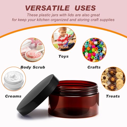 Dandat 24 Pcs 8 oz Plastic Jar Container with Lid and Label Refillable Empty Round Amber PET Cosmetic Sample Containers for Lotion, Cream, Ointments, Body Butter, Makeup, Travel Storage