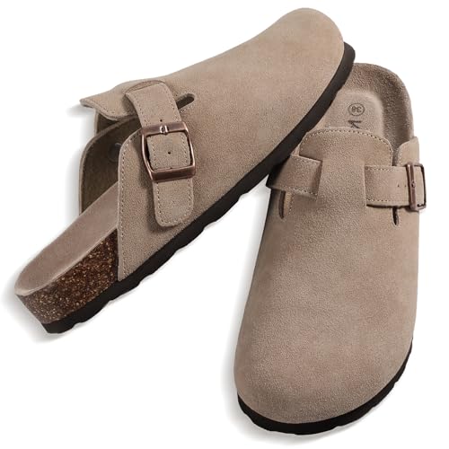 KIDMI Genuine Suede Clogs for Women Cork Footbed Sandals Leather Mules Potato Shoes with Arch Support