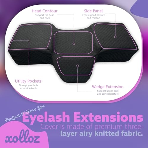 Lash Pillow for Eyelash Extensions - Curved Memory Foam Bed Pillow, Ergonomic Head Rest with Neck Support, Side Pockets for Tools, Fits Lash Beds for Tech ? Black
