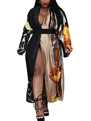 Famnbro Women's Floral Print Satin Robe Kimono Cardigan Open Front Long Cover Ups Outerwear One Size