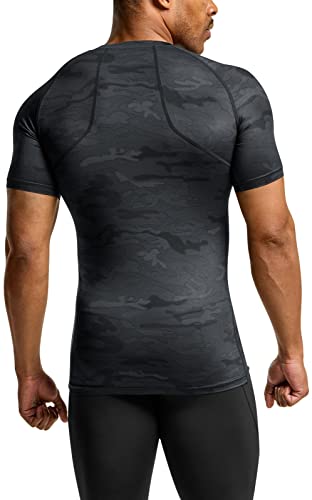 ATHLIO Men's Cool Dry Short Sleeve Compression Shirts, Sports Baselayer T-Shirts Tops, Athletic Workout Shirt, 3pack Tops Black/Urban Camo Black/White, Medium
