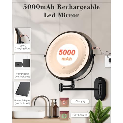 30X/1X Wall Mounted Lighted Makeup Mirror, 9'' Height Adjustable Double Sided 5000mAh Rechargeable Magnifying Bathroom Mirror with Light, 3 Color Modes Touch Dimmable Extended Arm 360 Rotation