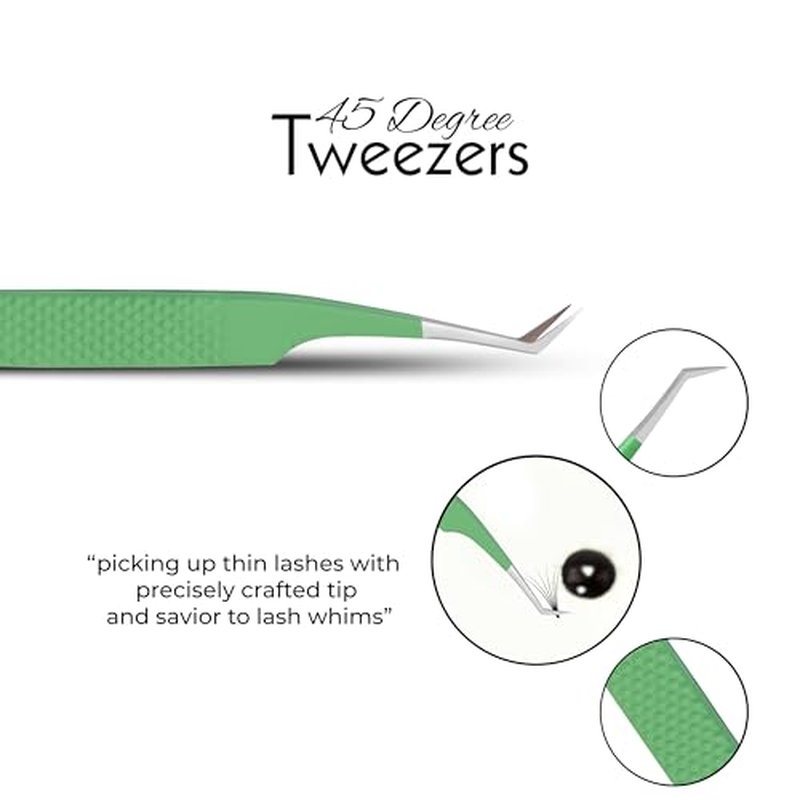 SIVOTE Lash Tweezers for Eyelash Extensions Fiber Tips, Set of 3, 45 Degree, Curved, Volume Boot, Dark Green Red Green