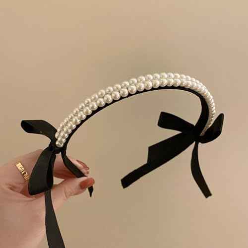 Pearl Headbands for Women Girls Sweet Satin Bow Headbands Non Slip Bridal Hair Hoop Cute Black Turban Headband Bling Beaded Head Bands Party Wedding Headwear Vintage Styling Tools Accessories