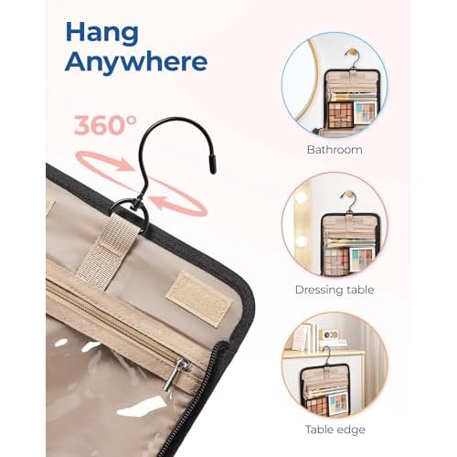 BAGSMART Makeup Bag for Women with Hanging Hook, Large Portable Capacity Water-resistant Organizer Travel Case for Toiletries and Cosmetics, Brown