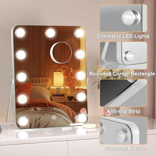 Hasipu LED Makeup Mirror with Bluetooth Speaker, 11" x 14" Hollywood Vanity Mirror with Lights, Rounded Rectangle White Frame, 3 Modes Light, Smart Touch Control Dimmable, 360¡ÆRotation